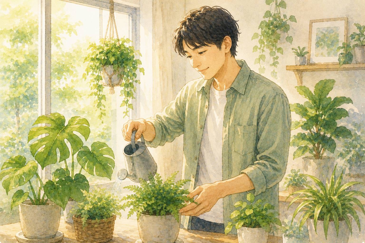 水やりをする男性と観葉植物