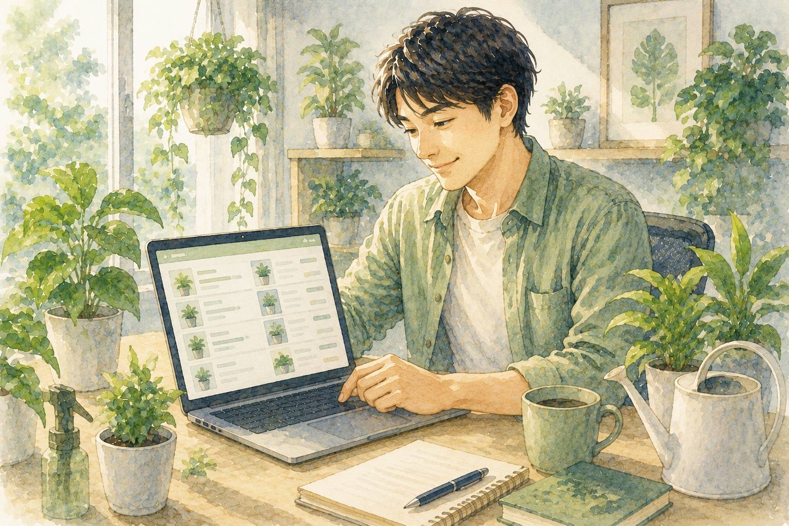 NotionでDB管理する男性と植物