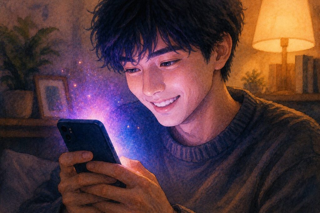 スマホから紫の光が舞い上がり、笑顔を浮かべる男性の水彩イラスト