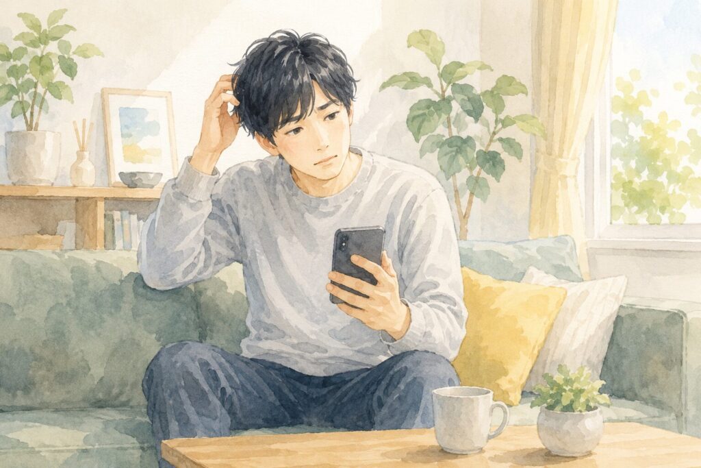 ホーム画面への追加方法が見つからず首をかしげる男性の水彩イラスト