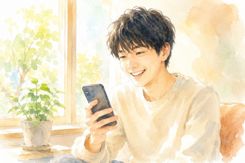 朝の光の中、スマホのホーム画面で完成したアプリを見て微笑む男性の水彩イラスト