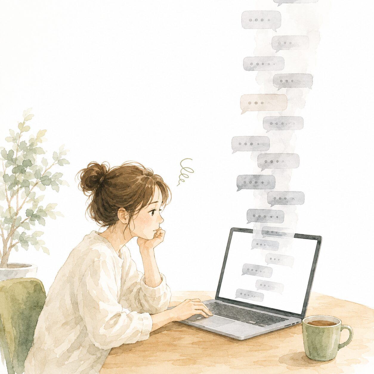 長いチャット履歴をさかのぼって探している人のイラスト