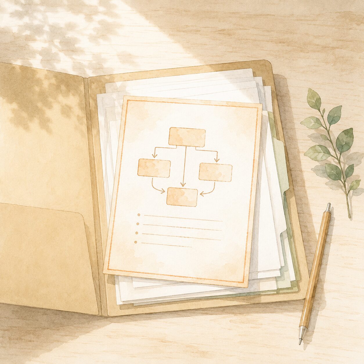 フォルダの中で手順書の1枚だけが目立っているイラスト